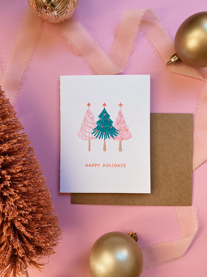 Happy Holidays Pink Tree Card